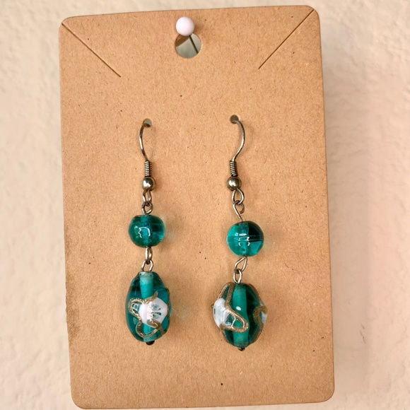 Green Bead with Gold Accent Drop Earrings - Picture 8 of 8